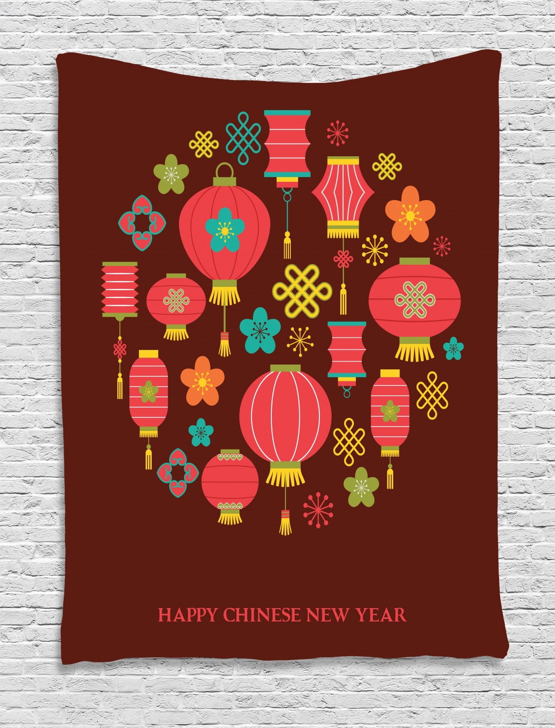 Chinese New Year Tapestry, Colorful Festive Celebration Icons Lanterns 
