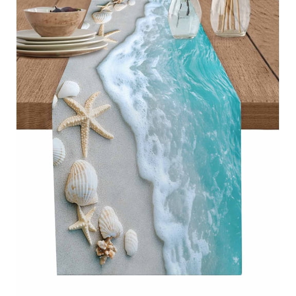 ERUNPONLY Beach Coastal Table Runner - 90 Inch Long Nautical Starfish Shell Seaside Ocean Cotton and Linen Blended Dress Scarves Farmhouse Table Runner for Kitchen Dining, Coffee Table, 13"x90"