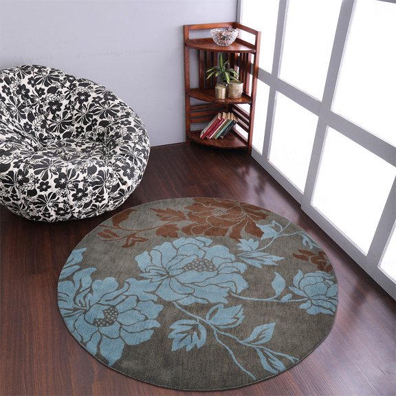 Rugsotic Carpets Hand Tufted Wool Eco-Friendly 6'x6' Area Rugs Round Gray Blue Floral Modern High Pile Thick Handmade Anti Skid Indoor Rug for Living Room, Bedroom K00514