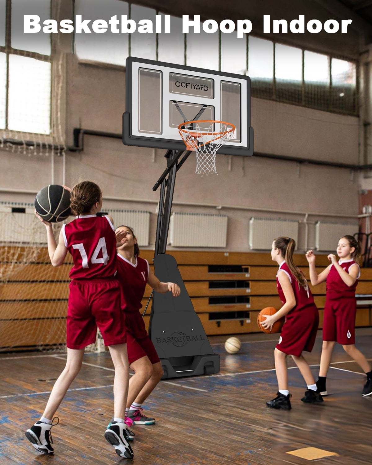 Cofiyard Portable Basketball Hoop, 44" Shatter-Proof Polycarbonate Backboard, 5.25-10FT Height Adjustable with Portable Wheels for Youth and Adults