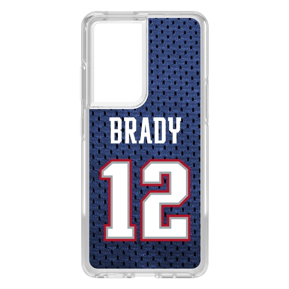 DistinctInk Clear Shockproof Hybrid Case for Galaxy S21 ULTRA 5G (6.8" Screen) - TPU Bumper, Acrylic Back, Tempered Glass Screen Protector - Brady 12 Jersey - Football Team