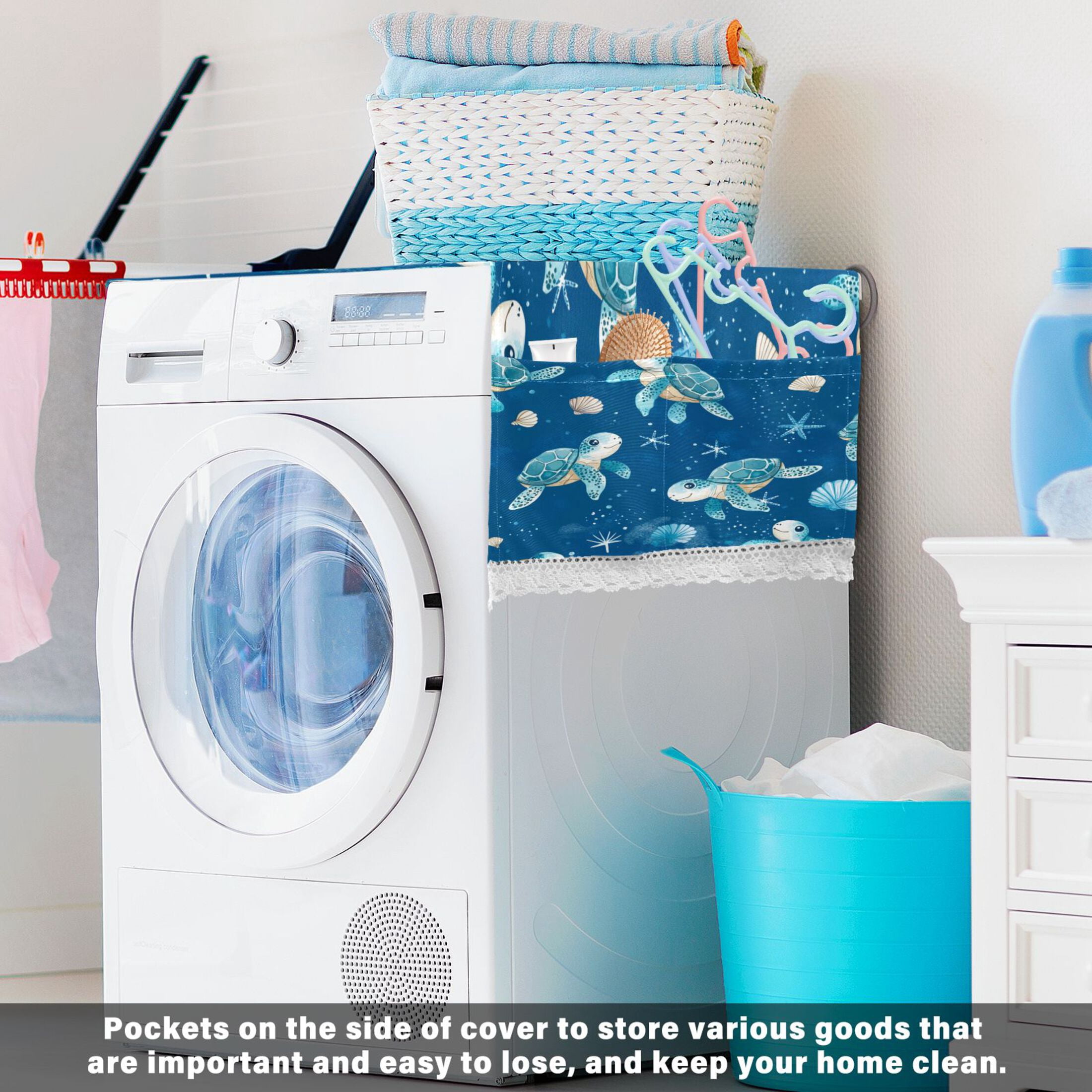 Dustproof Washing Machine Cloth Washer and Dryer Top Covers, Fridge Dust Cover, With Storage Bags Cute Turtles Pattern