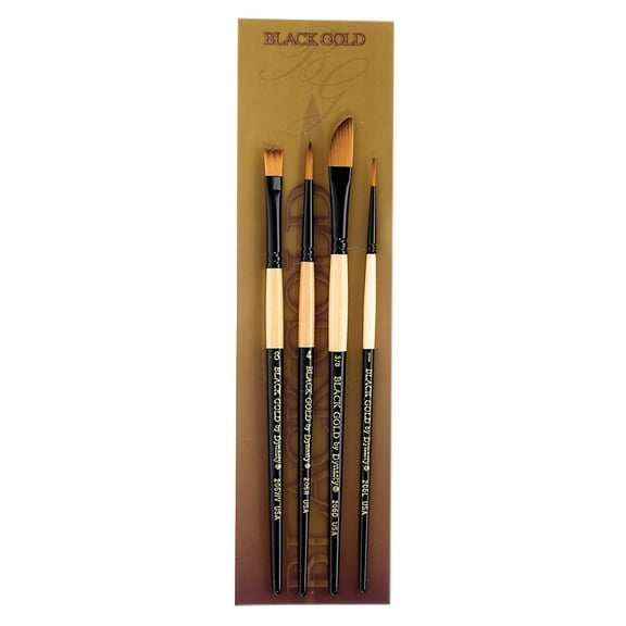 FM Brush Black Gold Short Handle 4-Brush Set, Liner, 1, Dagger, 3/8", Round, 4, Wave, 8