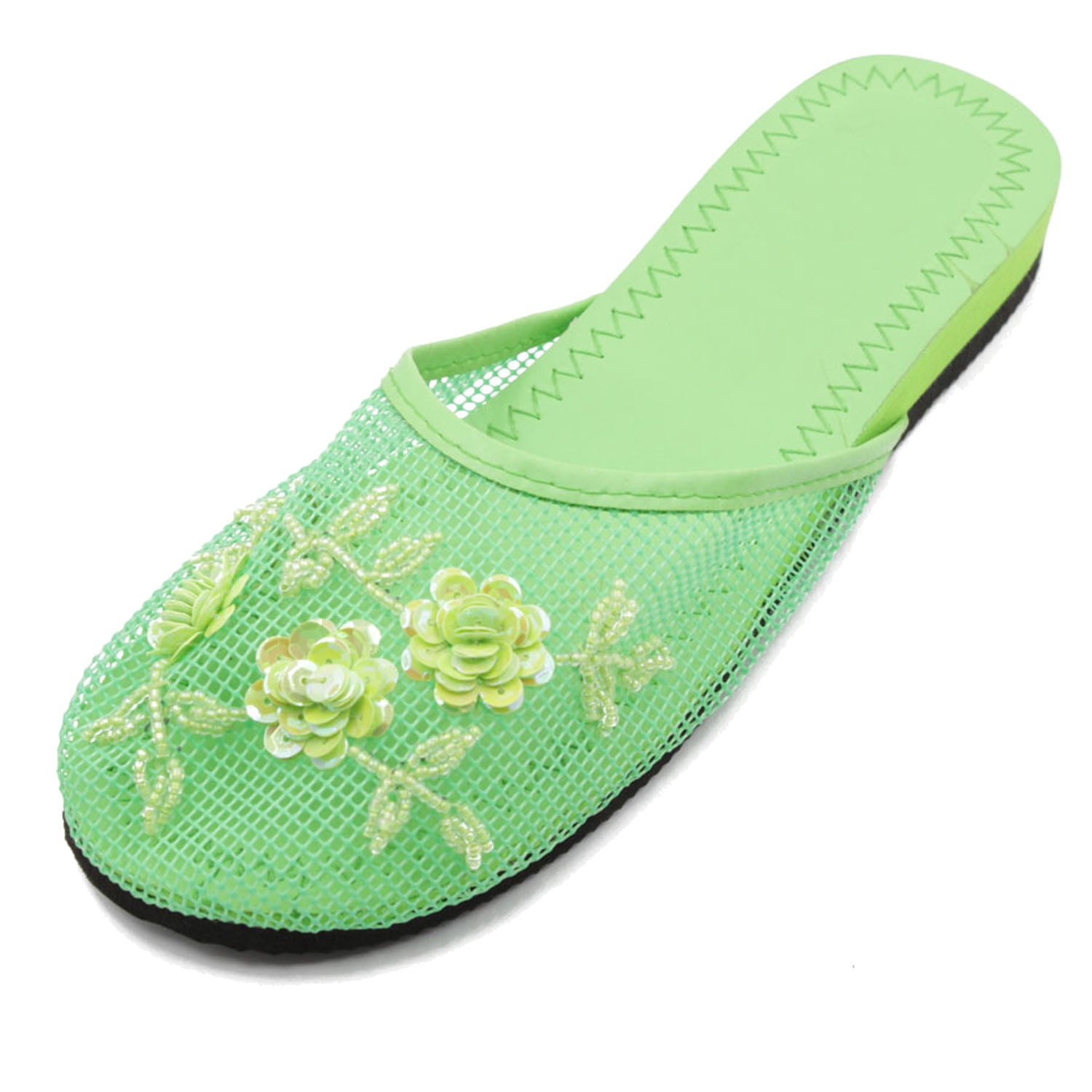 SNJ Women's Mesh Sequin Slide Beaded Chinese Floral Sandal Slipper