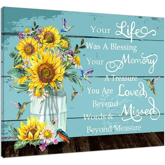 Sunflower Hummingbird Wall Art Canvas Inspirational Quotes Poster Print Modern Farmhouse Yellow Flower Teal Vase Vintage Wood Artwork Decor Bathroom Bedroom Living Room Wall Hanging 16x12Inch