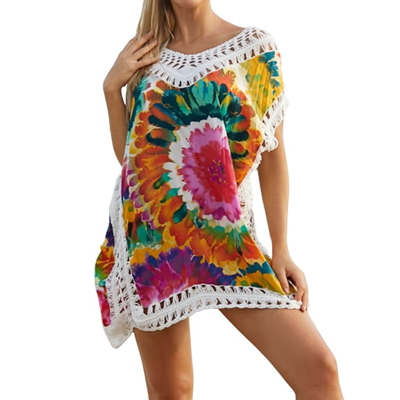 Swimsuit Coverup for Women Floral Tie Dye Bathing Suit Cover Ups Crochet Hollow Beach Coverup Alsol Lamesa