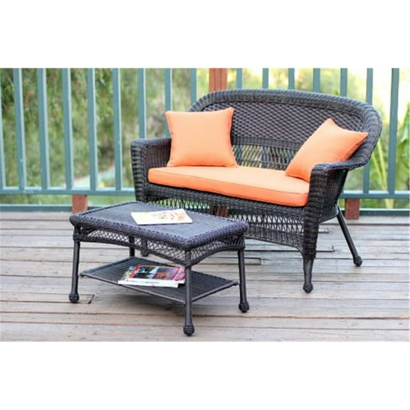 Espresso Wicker Patio Love Seat & Coffee Table Set with Orange Cushion - Jeco-Color:Orange,Material:Wicker
