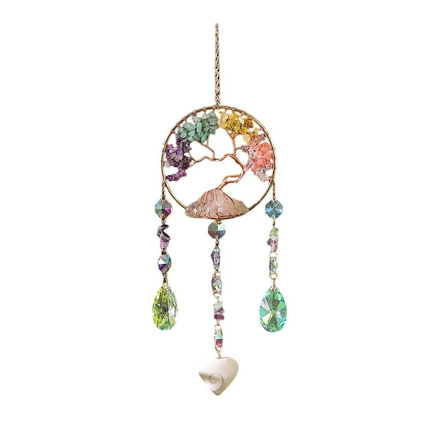 Handmade Tree of Life Wind Chime Hanging Ornament with Heart Design Macadam Natural Stones Woven Rope Lightweight Durable for Home Garden Living Room Bedroom Window