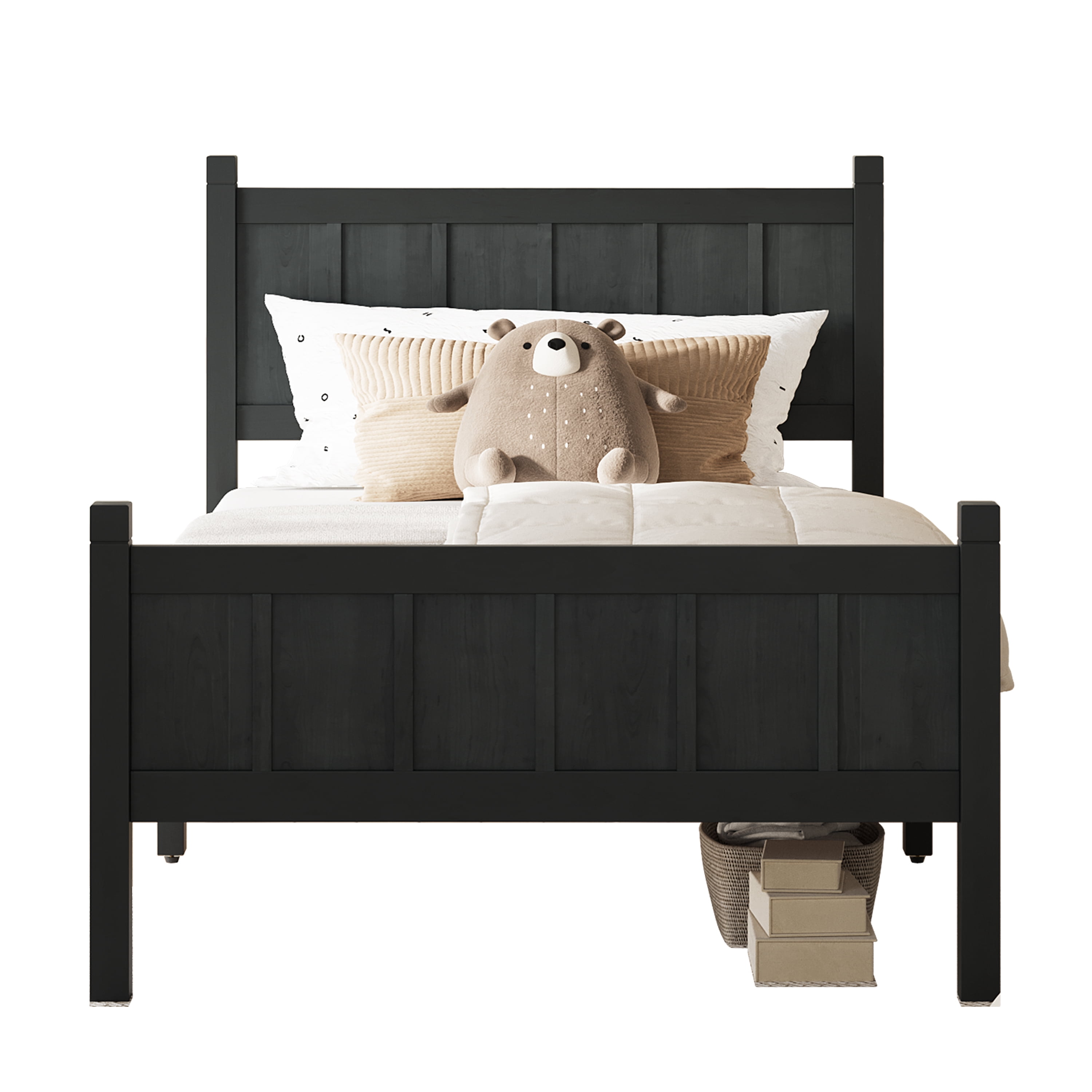 Euroco Wood Twin Size Platform Bed with Headboard and Footboard, Black