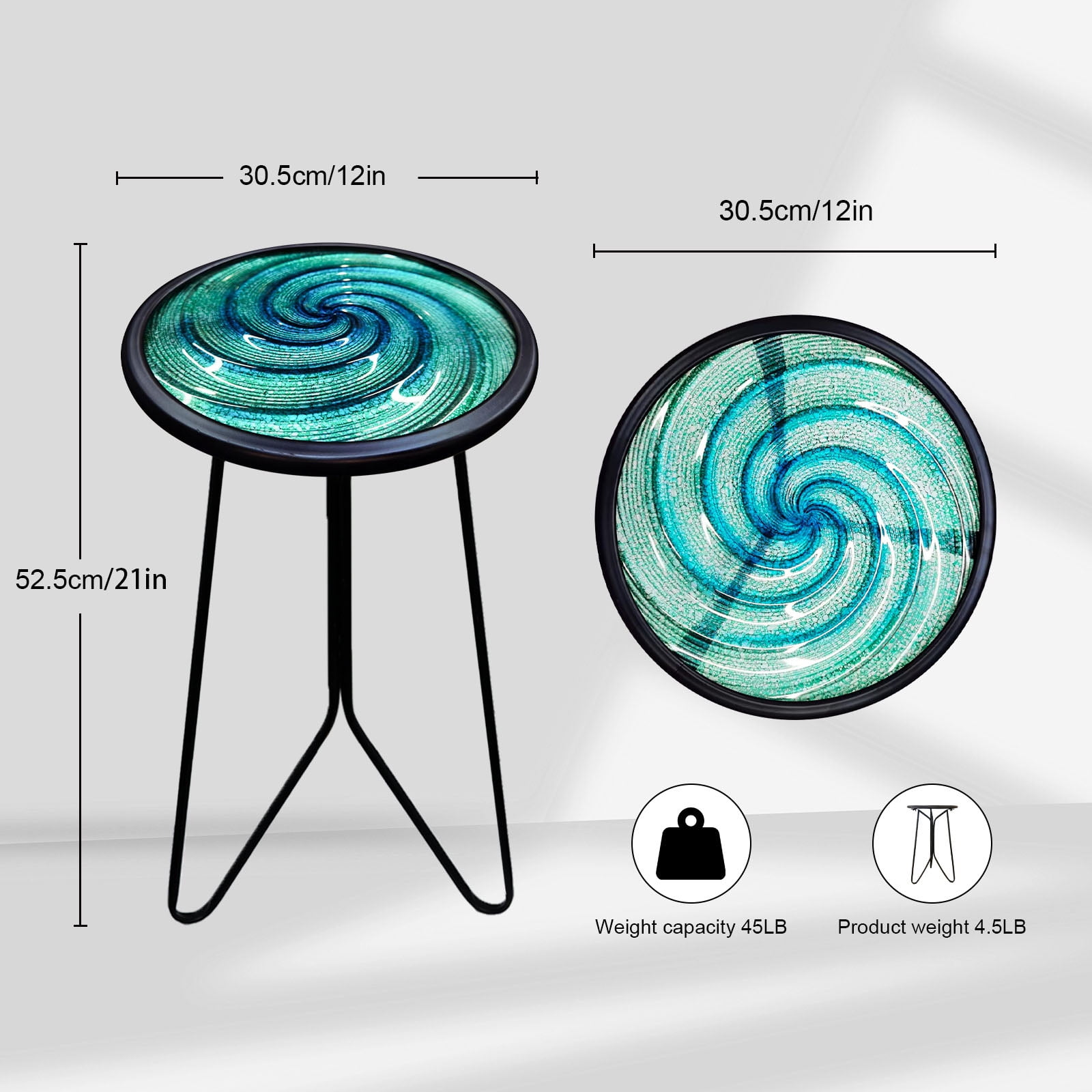 Liffy Green Glass Side Table - 20" Height Vortex Metal End Table with Plant Stand for Living Room, Balcony, Porch
