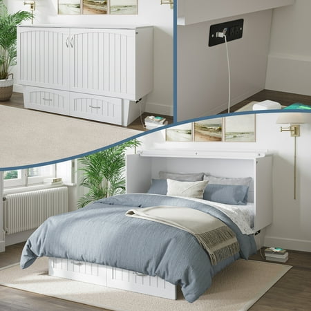 AFI Furnishings AFI Nantucket Queen Solid Wood Murphy Bed Chest with Mattress Drawer & Charger in White