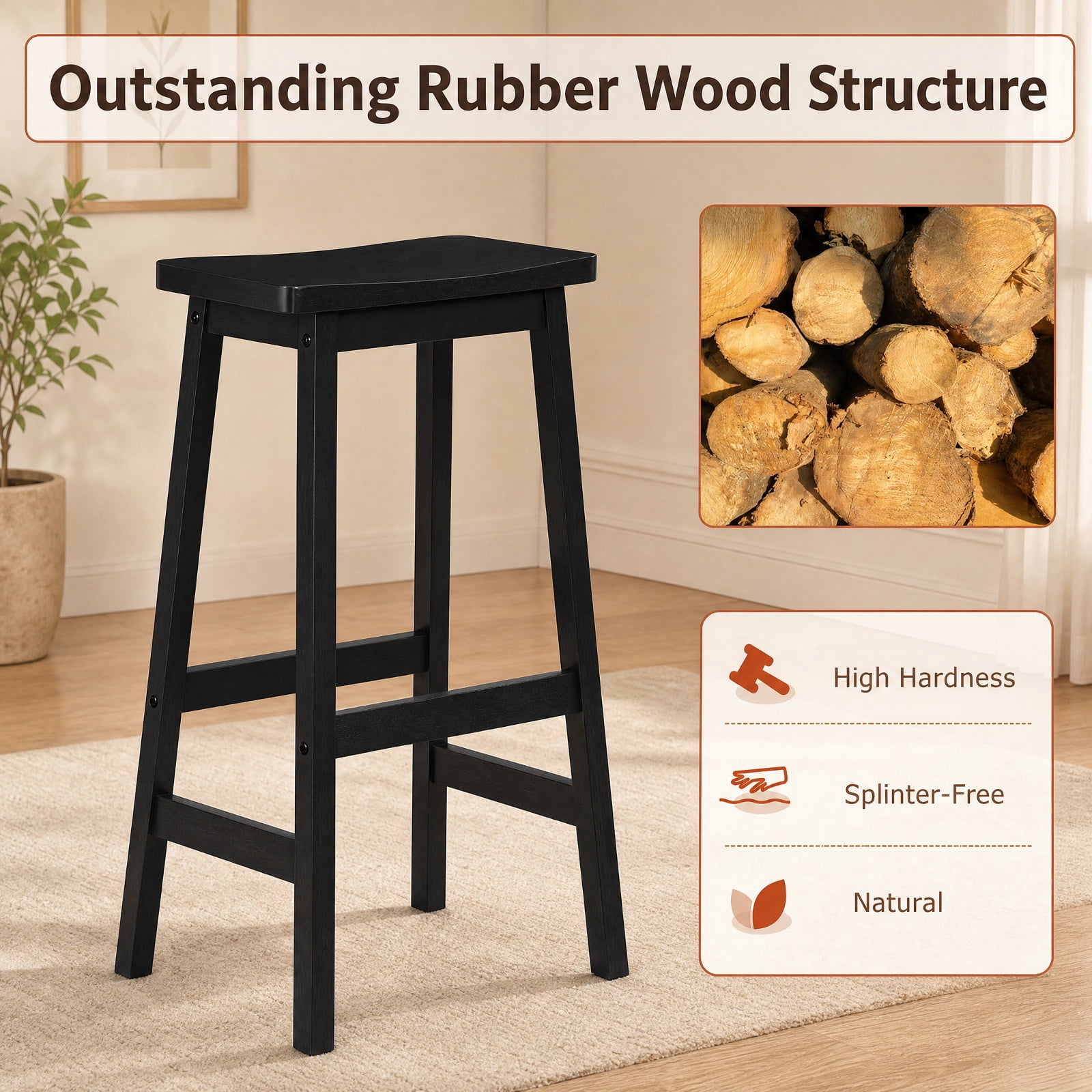 Furnibear 29" Set of 2 Saddle-Seat Counter Height Stools with Curved Seat and Footrests for Kitchen Island Counter Bar Pub Dining Home, Black