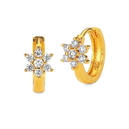 14k Gold Plated Brass Clear Flower Cubic Zirconia Baby Hoop Huggie Baby Girls Earrings