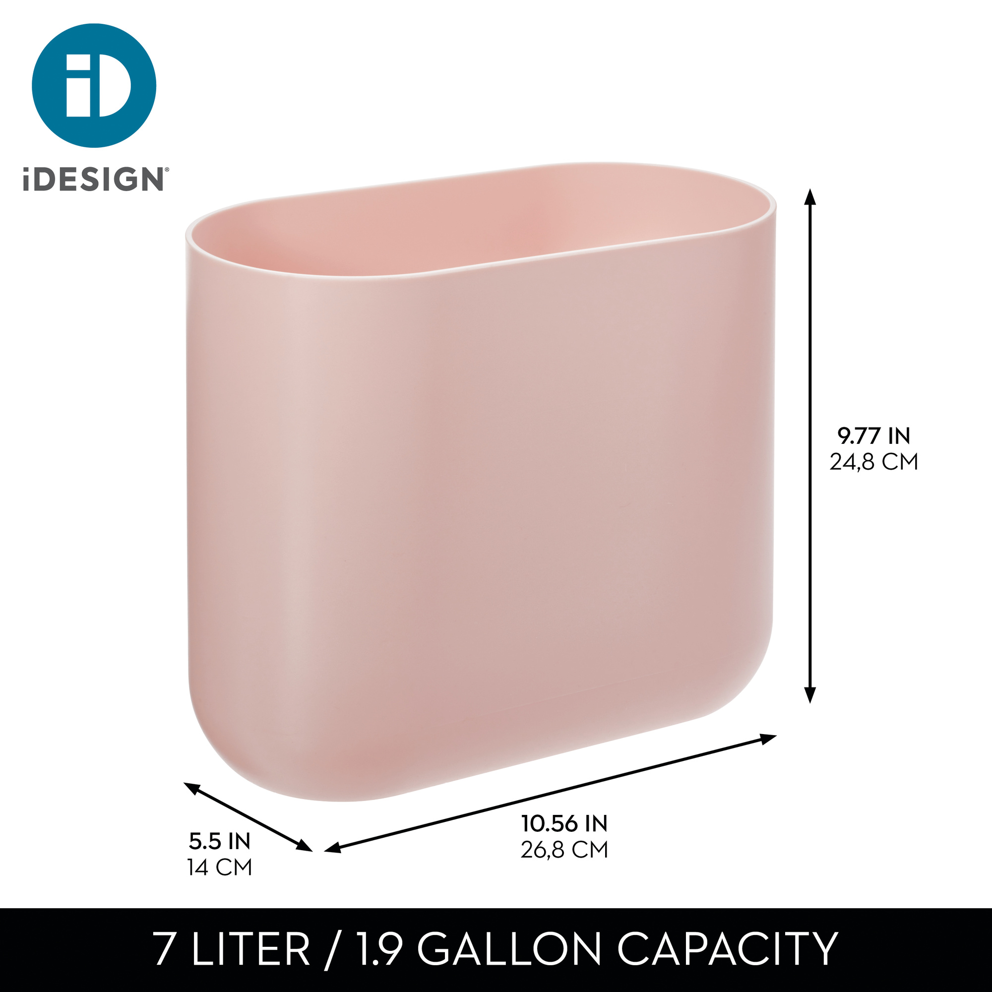 iDesign Oval Bathroom Trash Can, 1.9 Gallon Plastic Slim Open Top Garbage Bin, Pink
