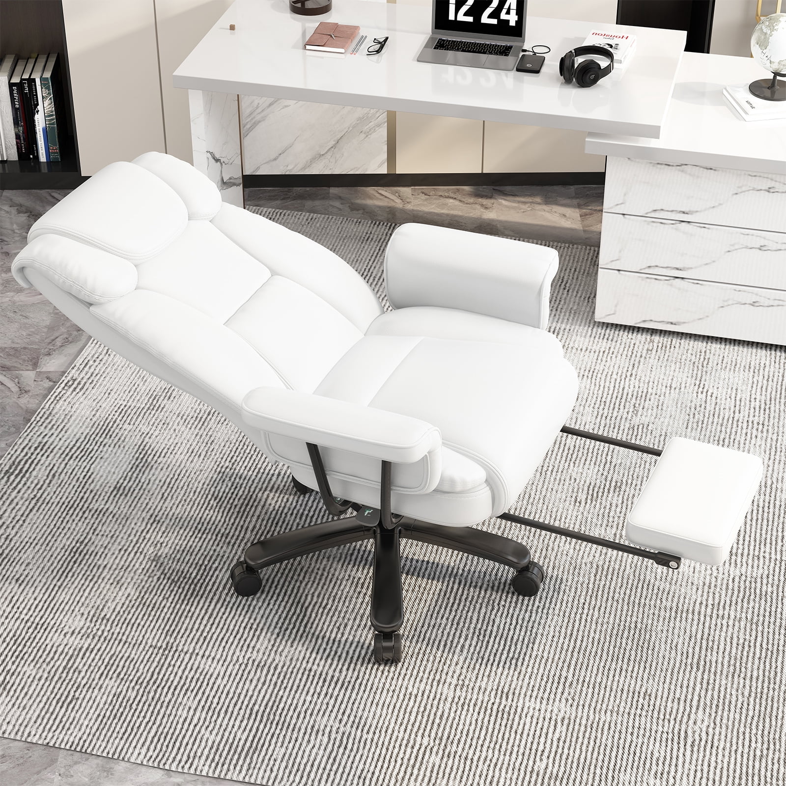 HomeZeer Big and Tall Office Chair with Footrest, 400 lbs Modern High Back Leather Office Chair, Reclining Wide Seat Ergonomic Executive Home Office Computer Desk Chair, White