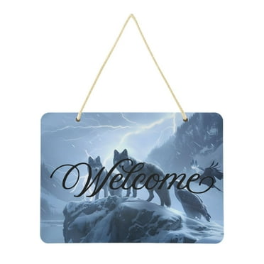 Wolves and Eagle Welcome Sign Front Door PVC 14x10 inch Hanger Hello Sign Farmhouse Wall Porch Home Outside Decor
