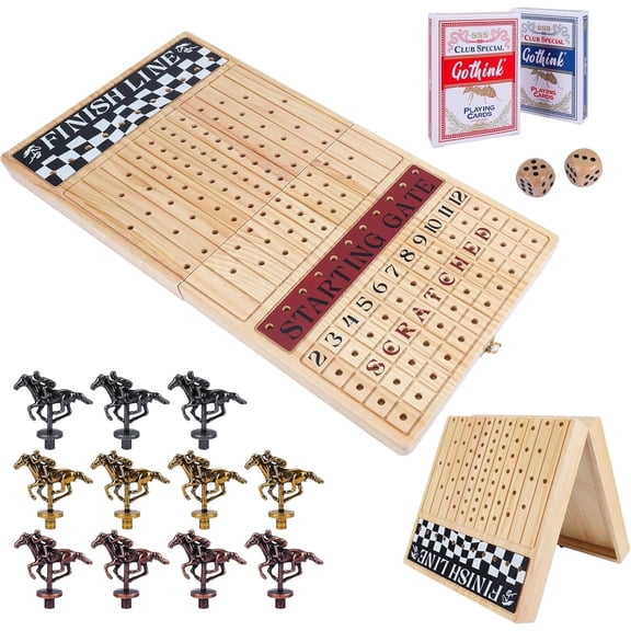 Fugocen Horse Race Board Game Foldable Wooden Premium Durable 11 Retro Metal Horses Fun Night Game 1-Pack Large 23 Inches