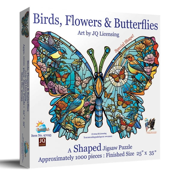 SUNSOUT INC - Birds, Flowers and Butterflies - 1000 pc Shaped Jigsaw Puzzle by Artist: JQ Licensing - Finished Size  - MPN# 97095