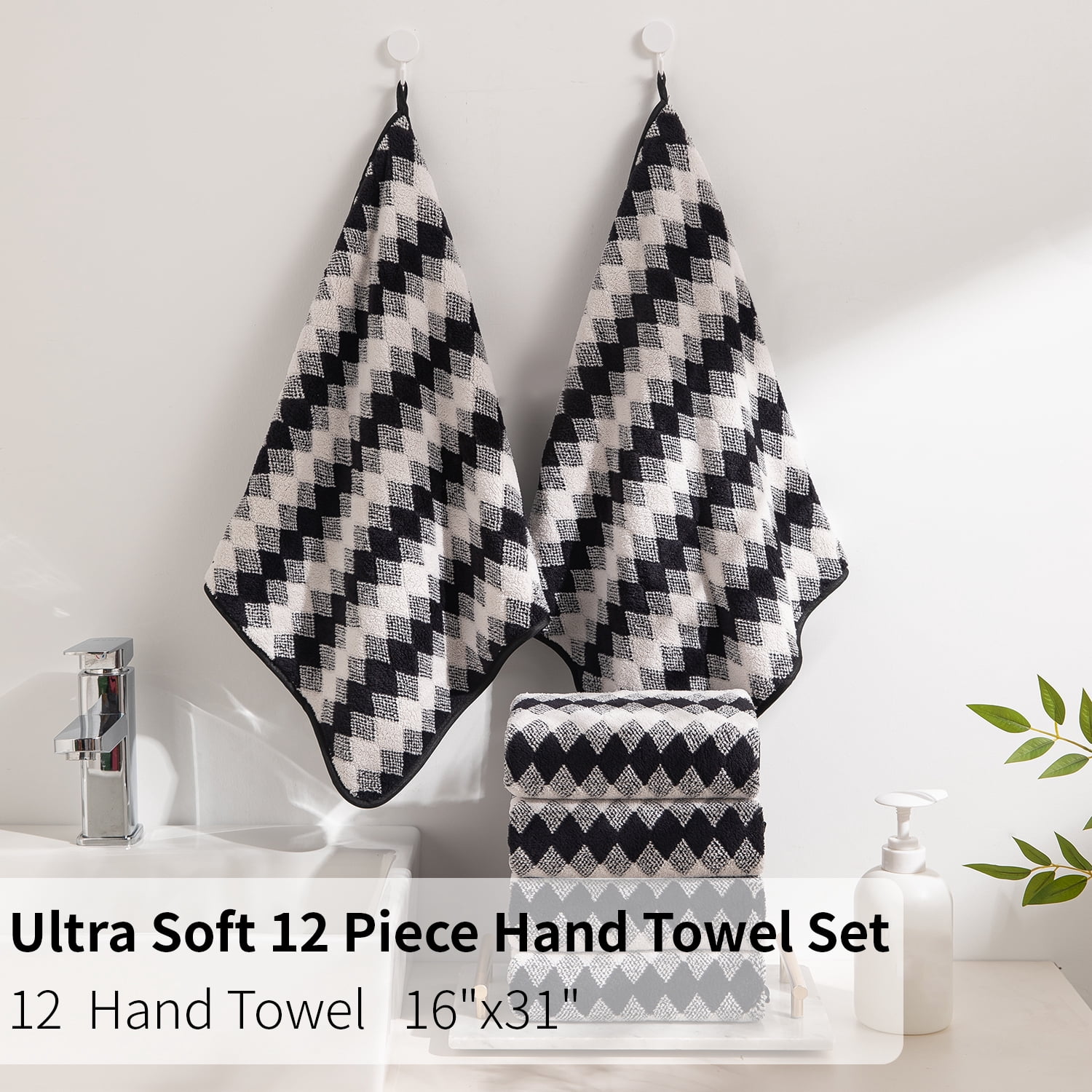 Beartech 12 Piece Hand Towel Set, Ultra Soft and Highly Absorbent Microfiber Towels 600GSM Quick Dry 16"x32" Hand Towels For Bathroom,kitchen-Black