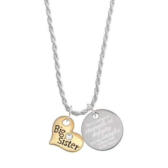 Delight Jewelry Goldtone Large Big Sister Heart with Clear Crystal - She is Clothed in Stength and Dignity Charm Necklace, 20" 3"