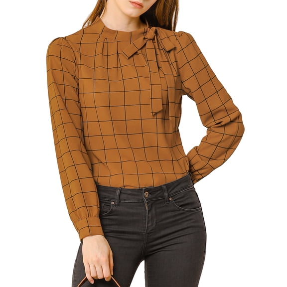INSPIRE CHIC Women's Wear-to-Work Tops Checks Bow-Tie Neck Long Sleeve Blouses XS Brown