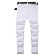 Isvgxsz New Trousers for Men Men's Ripped Jeans Zipper Wash Elastic Trend Outdoors Denim Trousers Skinny Pants Men Full Length Pants Jeans White L