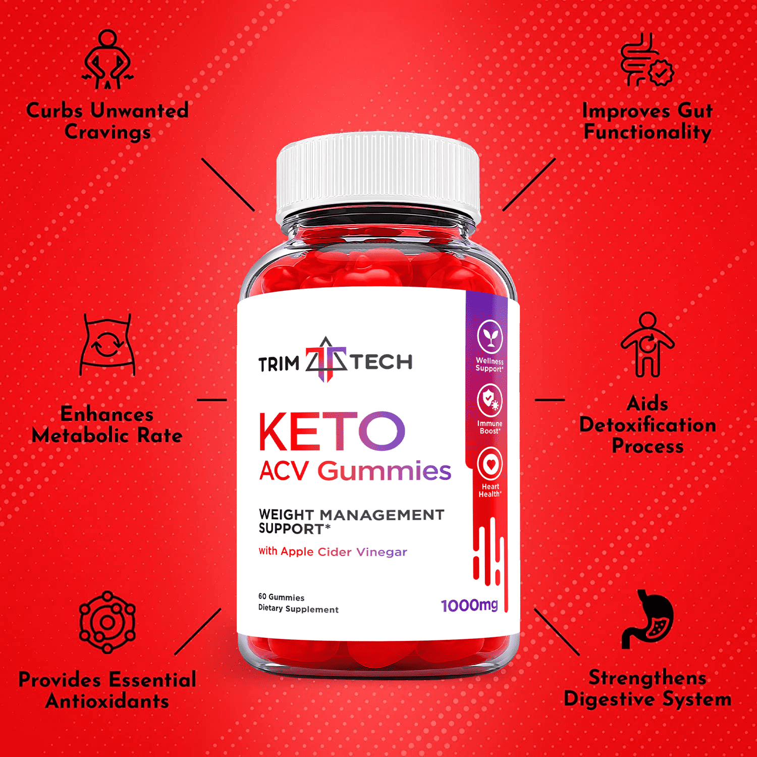 (2 Pack) Trim Tech Keto ACV Gummies - Supplement for Weight Loss - Energy & Focus Boosting Dietary Supplements for Weight Management & Metabolism - Fat Burn - 120 Gummies