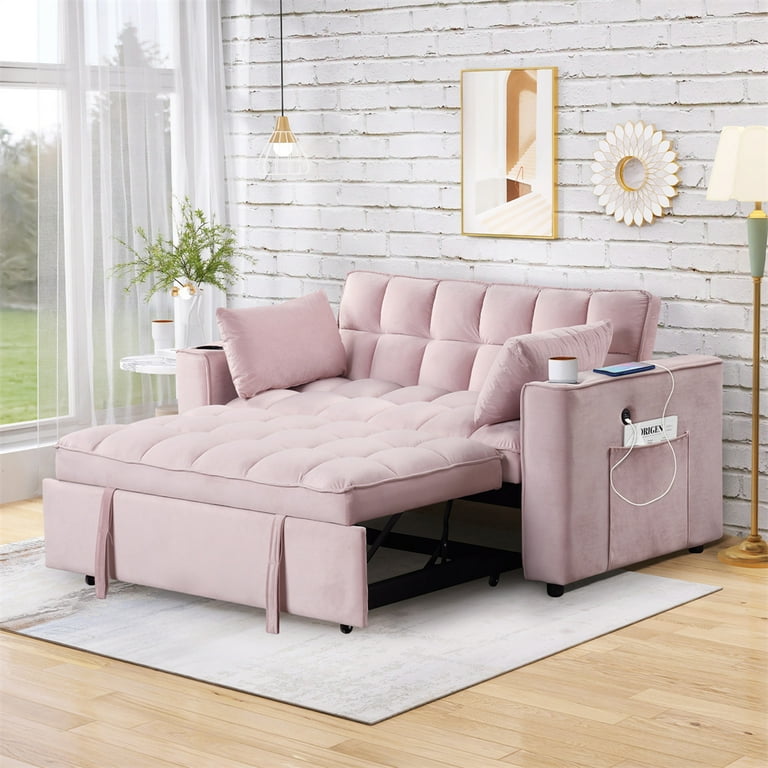 Convertible Sofa Bed with Pull Out Bed 58 Velvet Sofa Bed with Cup Holder and USB Port Modern Loveseat Couch with 2 Pillows and 2 Big Side Pockets Folding Sleeper Sofa for Living
