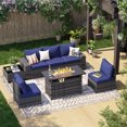 thumbnail image 7 of LazySunsets 7-Piece Outdoor Wicker Patio Conversation Set, Grey Rattan Sofa with Navy Blue Cushions, Propane Gas Fire Pit Table & Coffee Table for Backyard Deck, 7 of 7