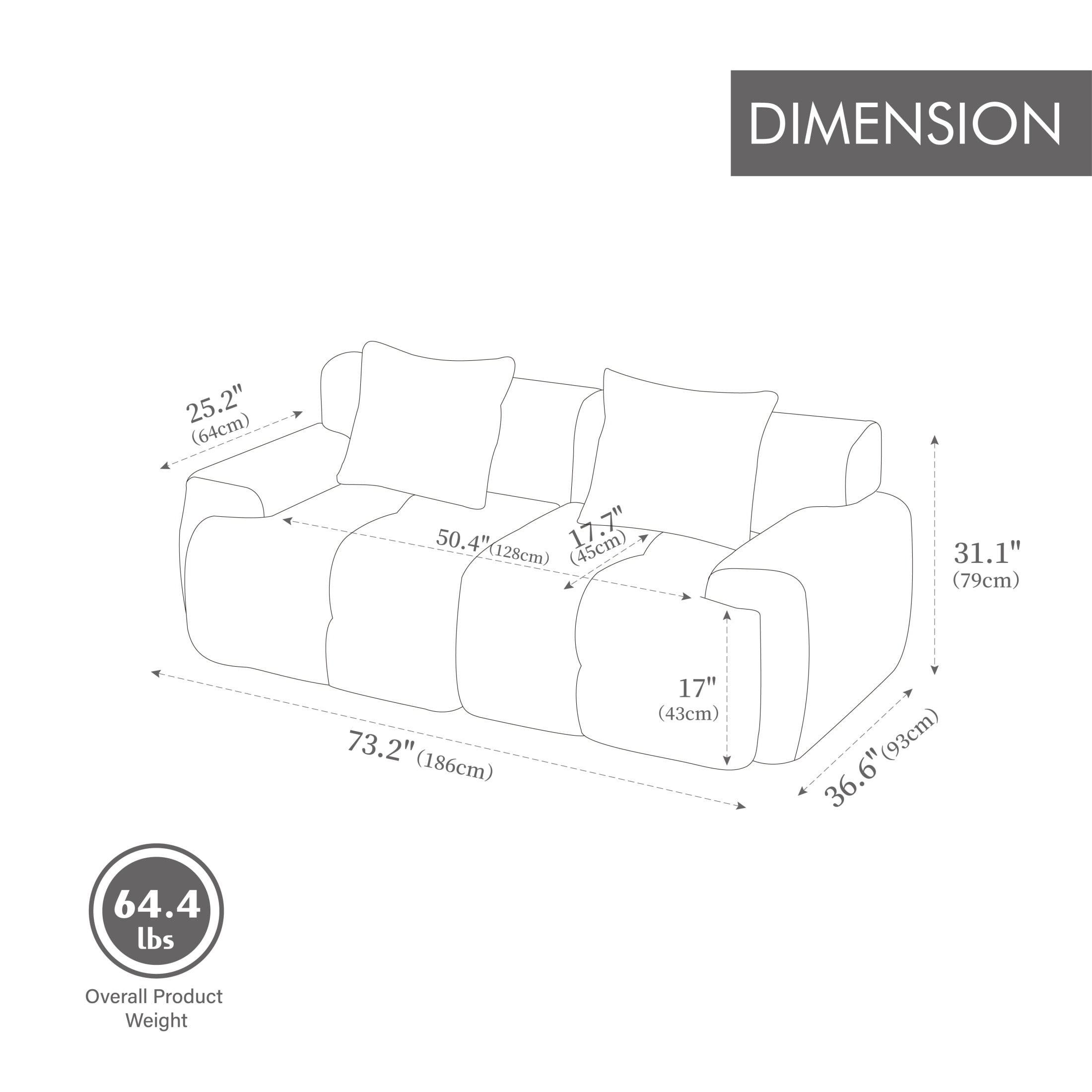 Noble House Marford 73" Modular Cloud Loveseat, Fuzzy Fabric Floor Sectional Sofa with Pillows, All-Foam, Ivory
