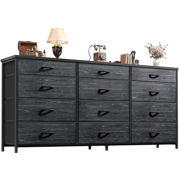 55" Long Dresser for Bedroom with 9 Big Drawers & 3 Small Drawers TV Stand for 60 inch TV Entertainment Center, Black