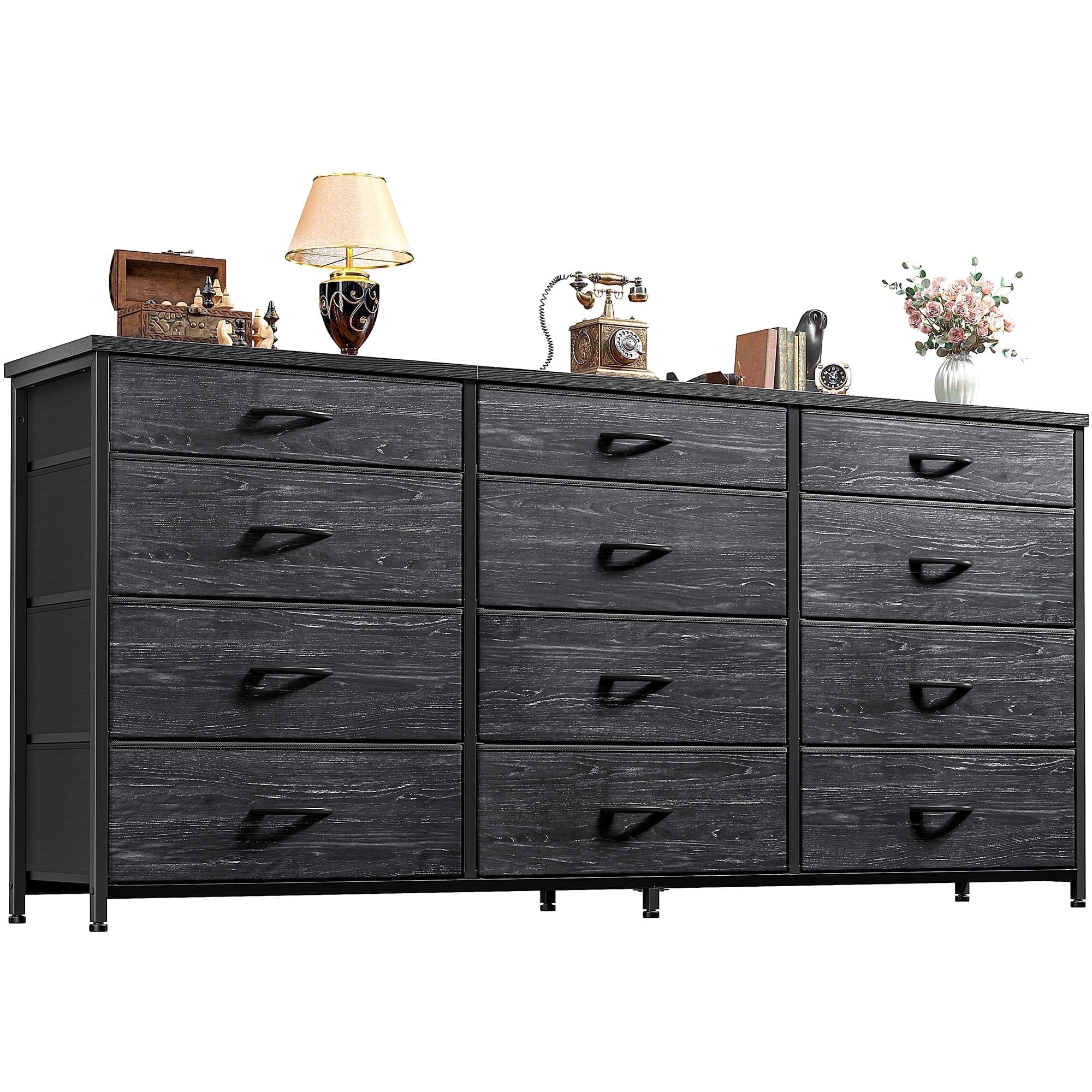55" Long Dresser for Bedroom with 9 Big Drawers & 3 Small Drawers TV Stand for 60 inch TV Entertainment Center, Black