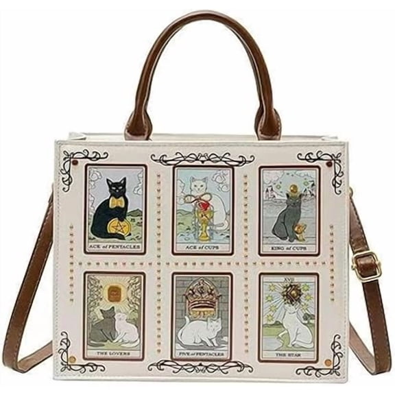 Women's Six Grid Cat Pattern Bag, 3-Way Wearable Crossbody Shoulder & Top Handle Purse, Cute Embroidered Lightweight Multi-Pocket Handbag