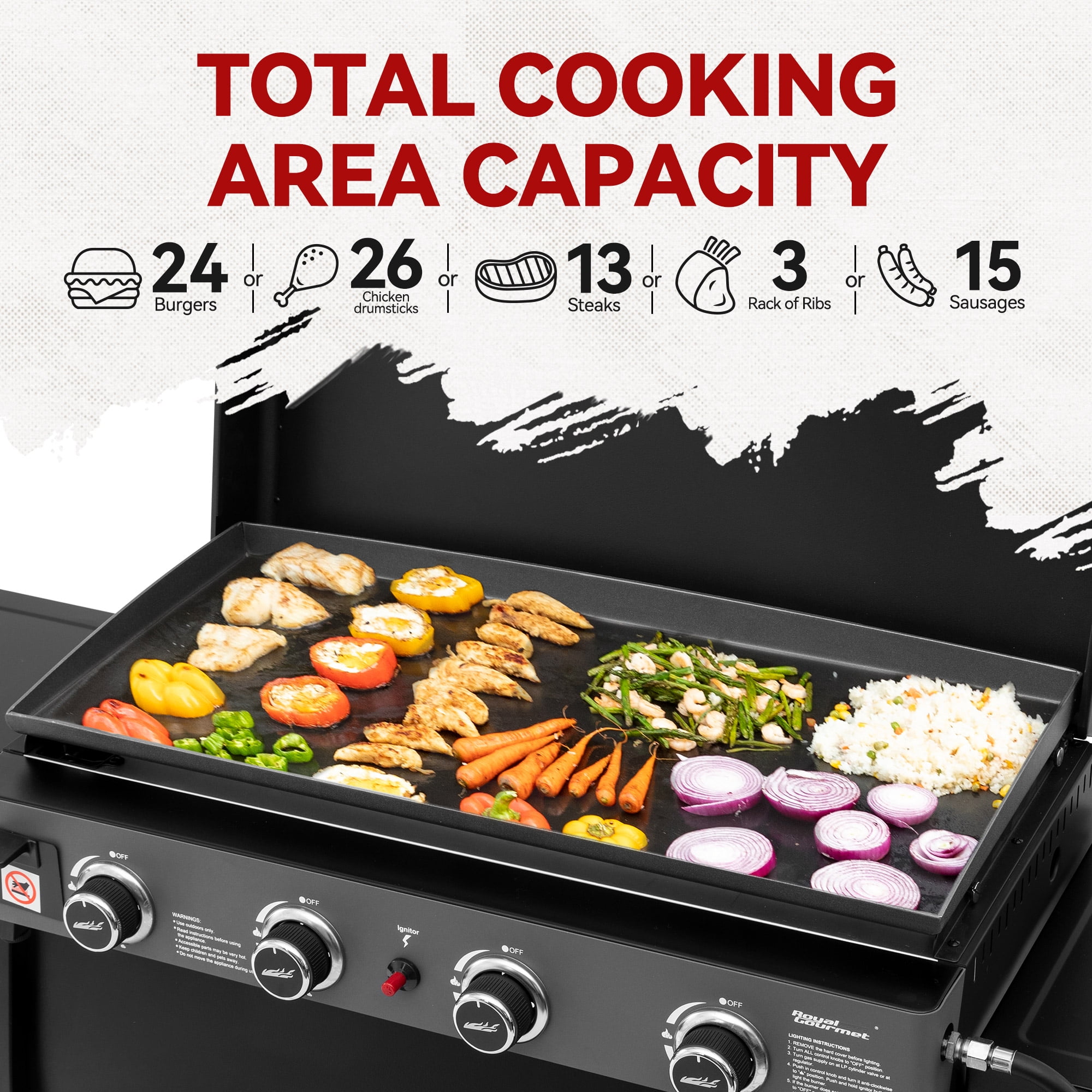 Royal Gourmet PD4001 30-Inch 4-Burner Gas Griddle with Hood, Tabletop Gas Griddle with Removable Standing Cart, Free-Standing Cart with Side Shelves and Hooks