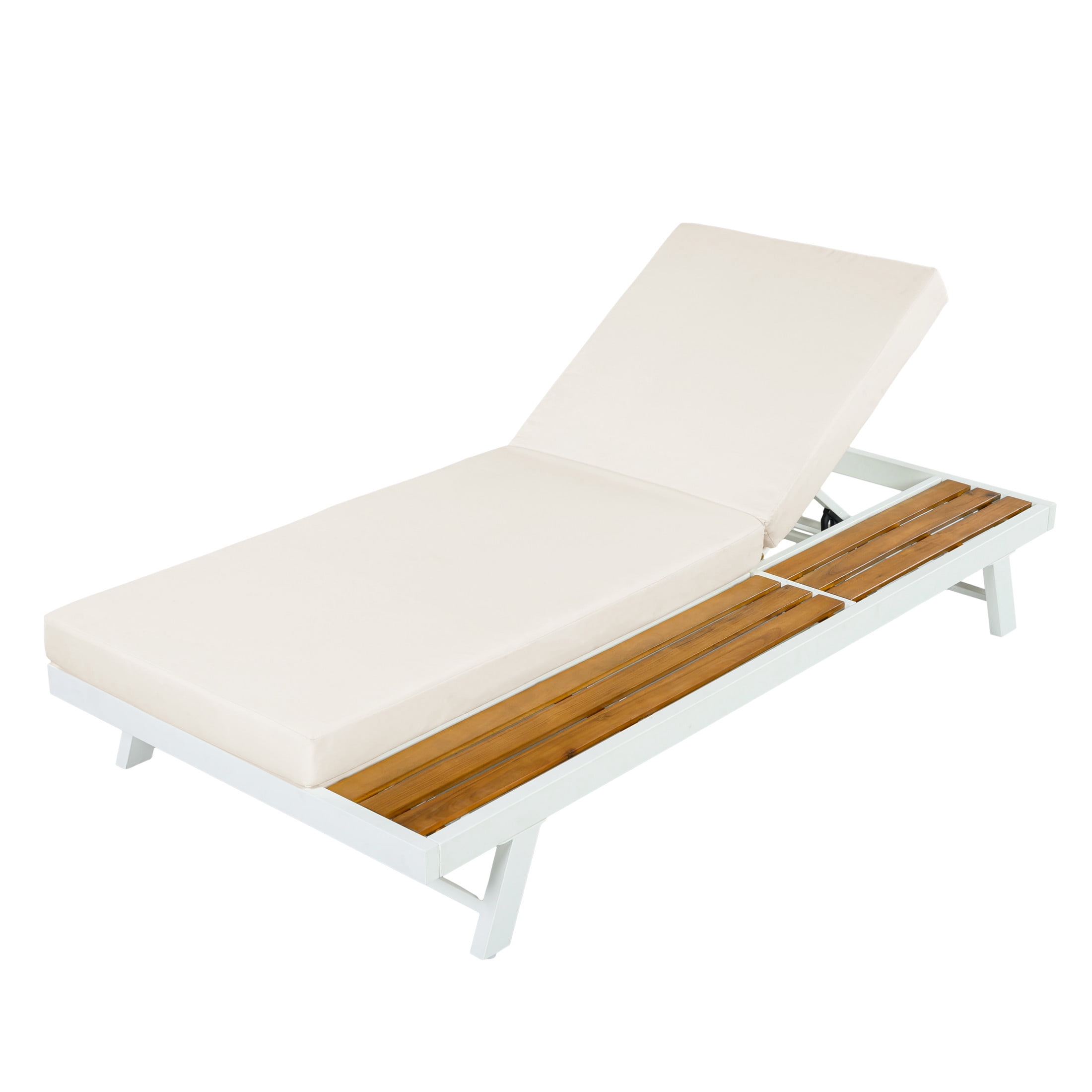 Christopher Knight Home Outdoor Chaise Lounge with Cushion, Iron Frame and Wooden Side Shelf, White+Cream
