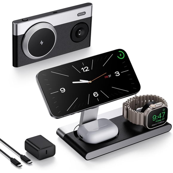 Foldable 3 in 1 Magnetic Wireless Charging Station for Apple Devices, Leather-Like Fast Wireless Charger Dock with Night Light for Magsafe iPhone 17/16/15/14, Apple Watch, AirPod,Gift for Men