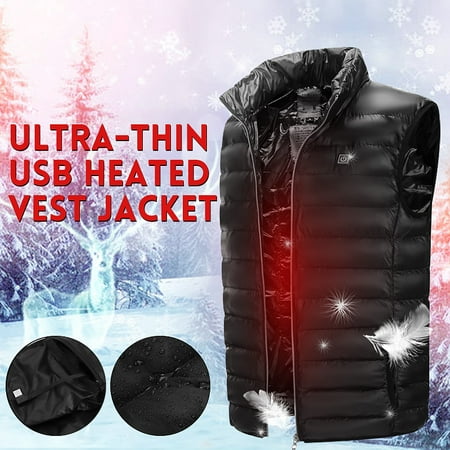 Black USB Winter Electric Heated Sleeveless Vest Jacket, Winter Warm Down Infrared Heated Outerwear Coats Slim Fit, 3 Gear Temperature, Lightweight,