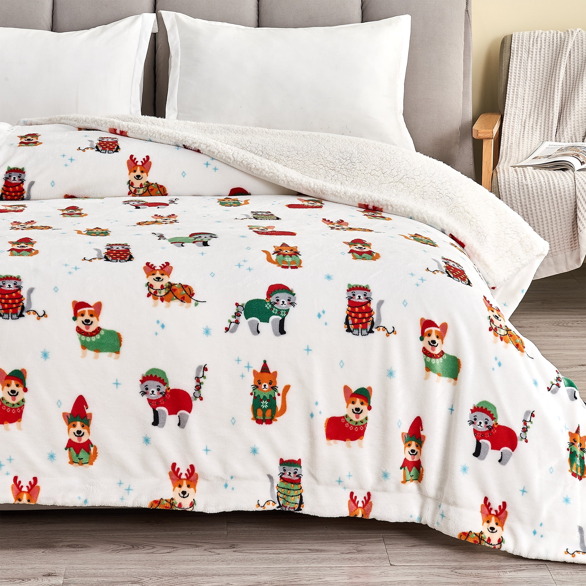 Holiday Printed Plush Sherpa Throw Blanket, 50