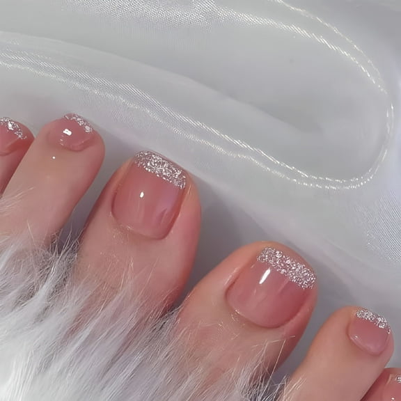 RAGUPEL 2026 New Pink Press on Toenails Short Square Fake Toenails French Tips Toe Nails with Design Pink Glitter Glossy Glue on Nails Artificial Toenails Full Cover Acrylic Toenails for Women 24Pcs