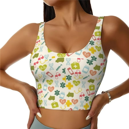 Jgfou Medical Icons Print Womens Sports Bra - Padded Workout Sports Bras Crop Tank Top
