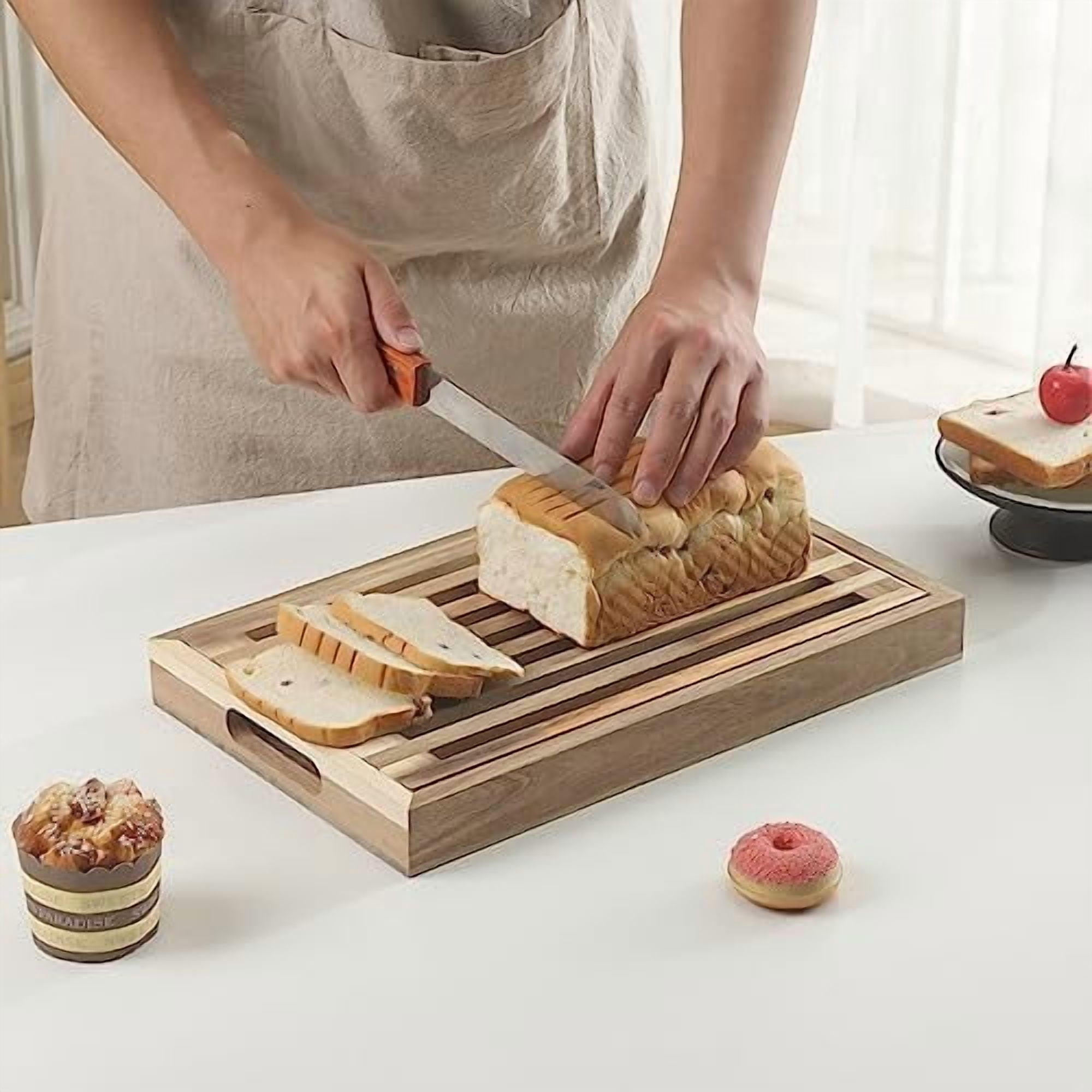 Bread Cutting Board with Crumb Catcher Tray Wooden Holder Bread Tray for Serving Bread Slicers for Homemade Bread Cutting Boards for Kitchen with Holder$$Home Decor, Kitchen, & Other