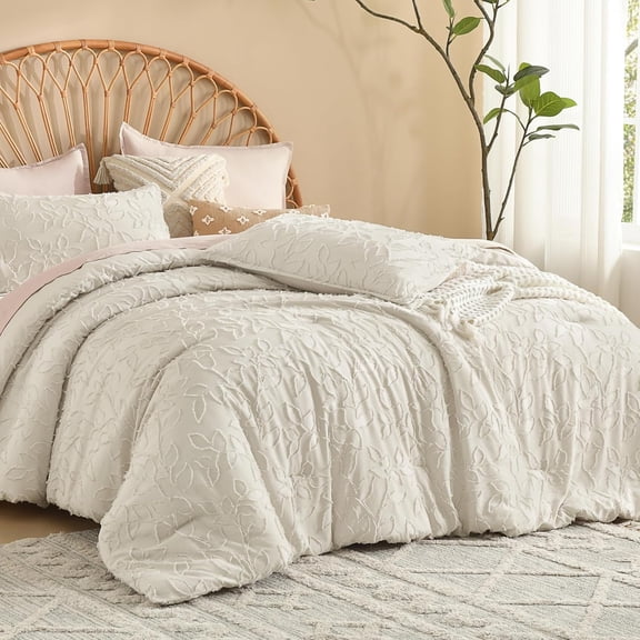 Size Comforter Set Beige, 3 count  Boho Tufted Bedding, Fluffy Farmhouse Bed Set for  Season with 2 Leaf  Pillowcases(90x90In)