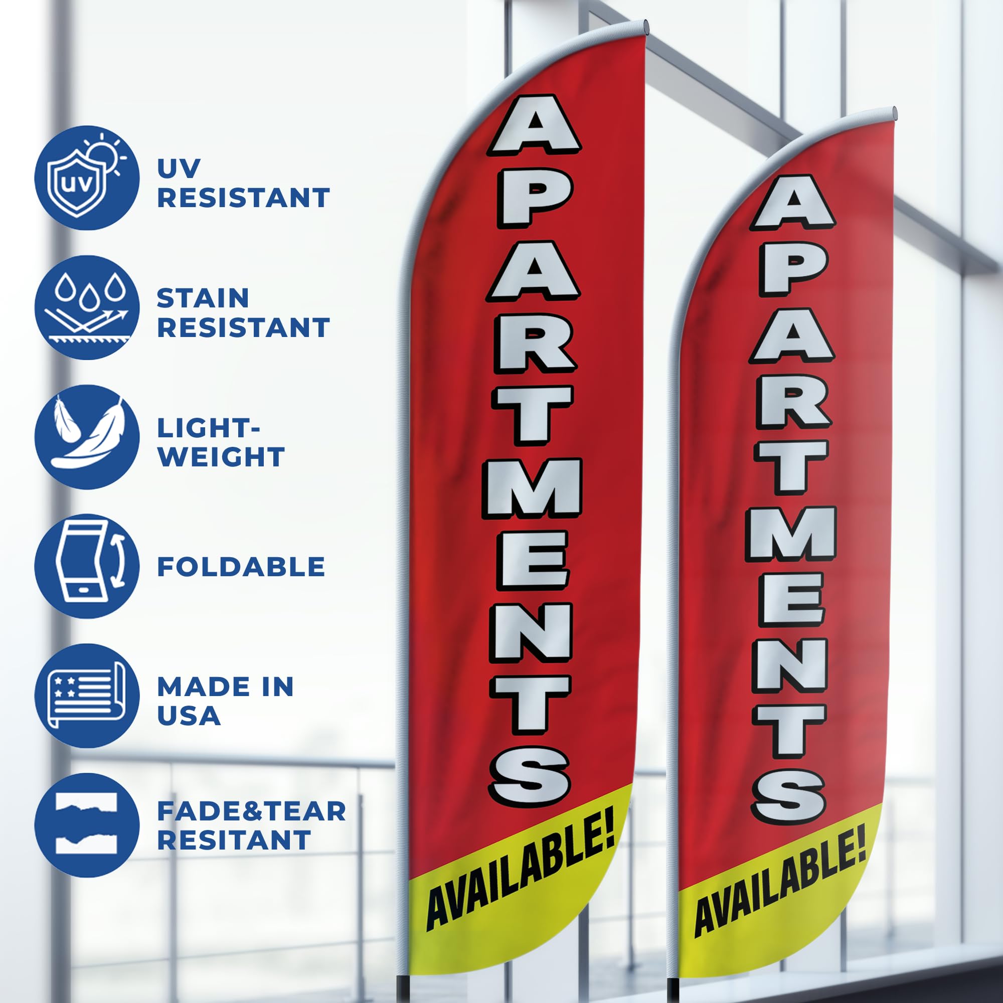 Apartments Feather Flag(11.5feetX2.5feet) by DreamController | Outdoor Business Advertising Tall Flag | Weather-Resistant Knitted Swooper Flag | Made in USA | HD Print(Flag Only)
