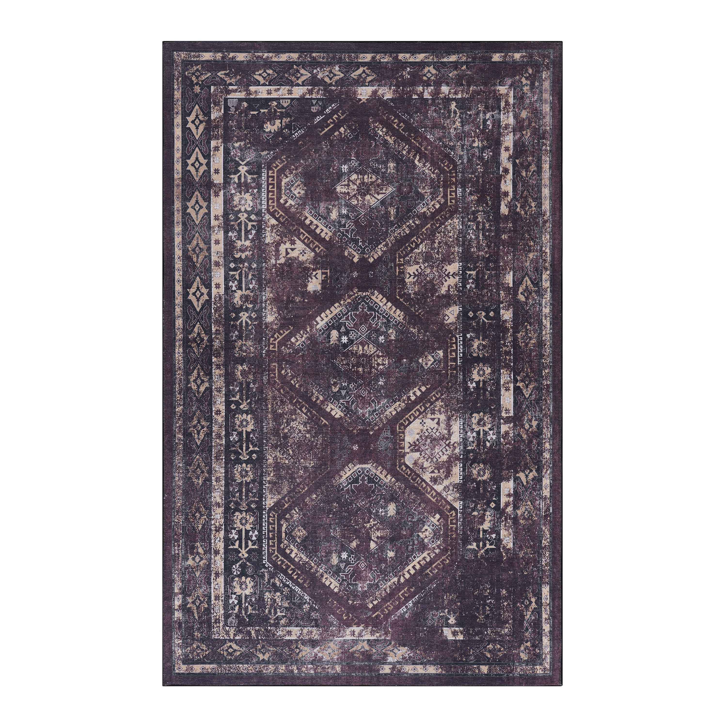 5'x8' Burgundy/Black Area Rug, Machine Washable Low-Pile Rug, Non-Slip Non-Shedding Foldable, Kid & Pet Friendly for Living Room Bedroom Kitchen