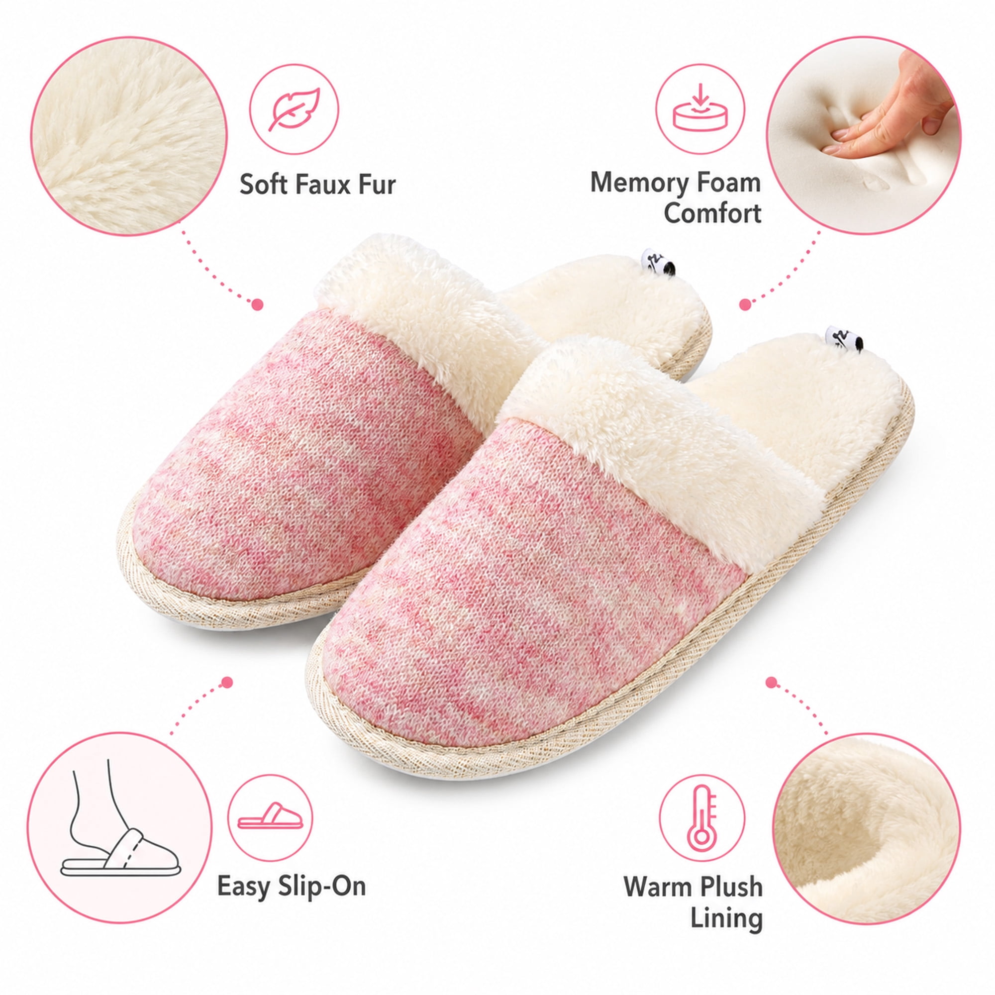 Aerusi Women’s Memory Foam House Slippers, Soft Plush Indoor Outdoor Scuff Shoes with Non-Slip Sole, Pink