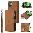 thumbnail image 1 of iPhone 13 Wallet Case , Étui à Rabat Horizontal en Cuir Souple avec Fermeture Éclair et Boucle Magnétique, 5 Fentes pour Cartes, Brun, 1 of 8