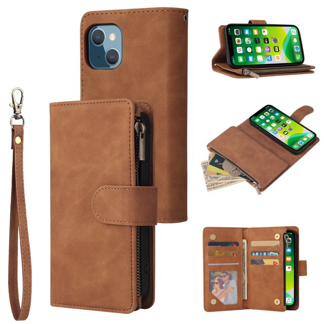 iPhone 13 Wallet Case , Étui à Rabat Horizontal en Cuir Souple avec Fermeture Éclair et Boucle Magnétique, 5 Fentes pour Cartes, Brun