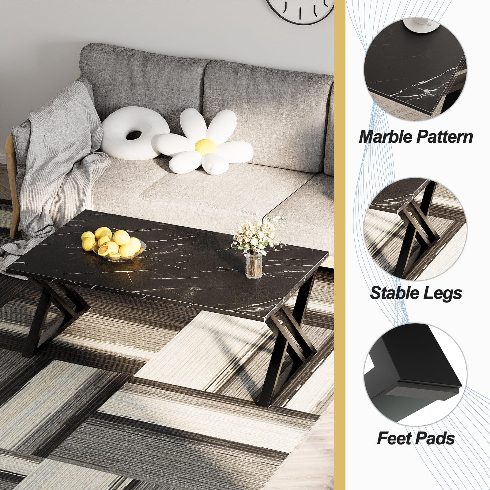 Coffee Table Living Room Table Black Center Table, Simple Modern Faux Marble Rectangular Tea Table with Sturdy Black-Finished Metal Frame,Industrial Wooden Coffee Table for Bedroom Home Office