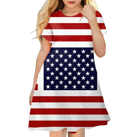 

Toddler Kids Girl Fourth Of July Independent Day Star Stripes Print Short Sleeve Party Costome Princess Dress Baby Girl Clothes