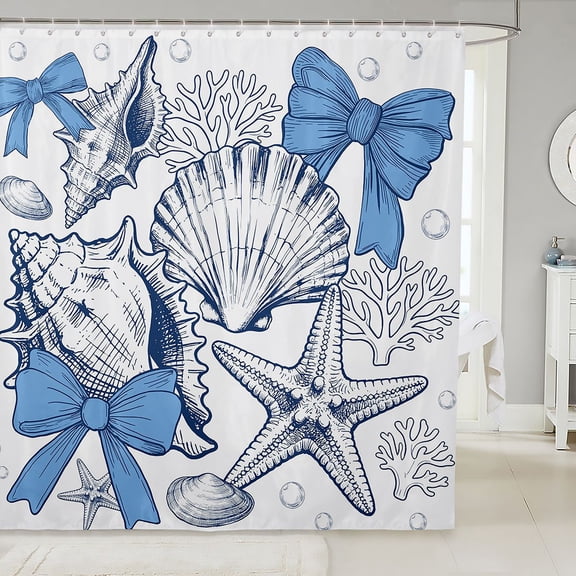 Manfei Sketch Seashell Bow Shower Curtain 72Wx72L,Starfish Coral Ocean Bathroom Curtain